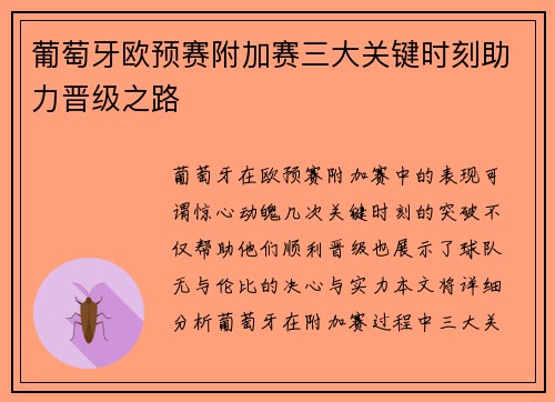 葡萄牙欧预赛附加赛三大关键时刻助力晋级之路